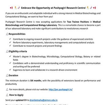 Trainee positions in Medical Biotechnology and Computational Biology Laboratory.