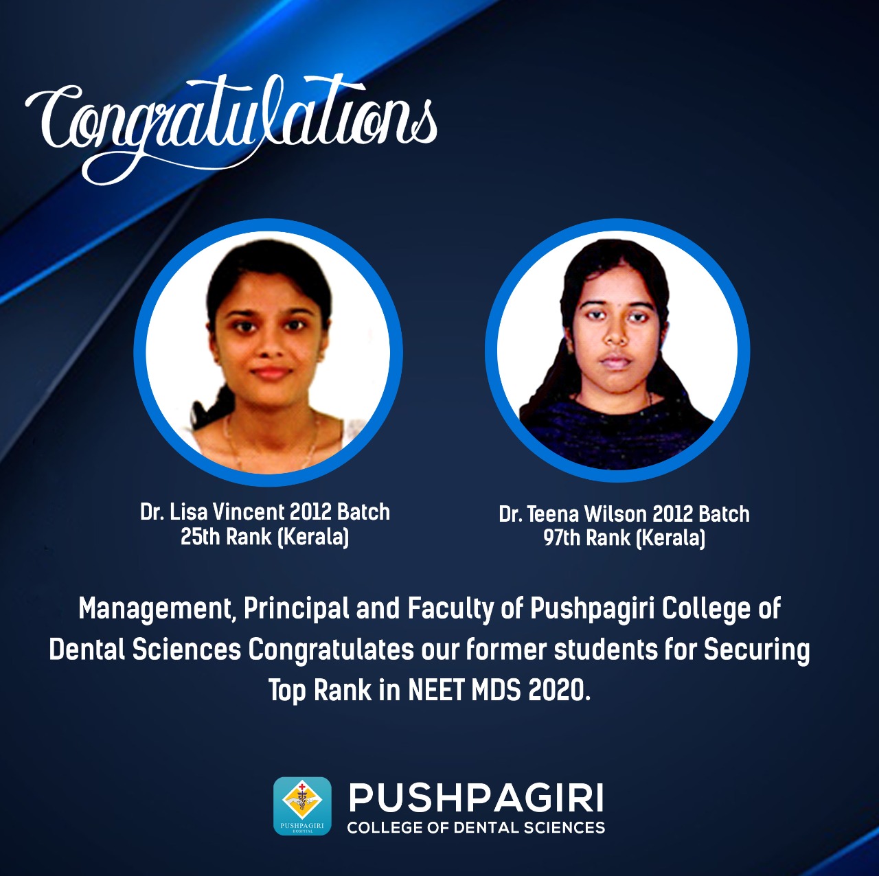 Pushpagiri Dental College - Students bag top ranks in NEET MDS 2020
